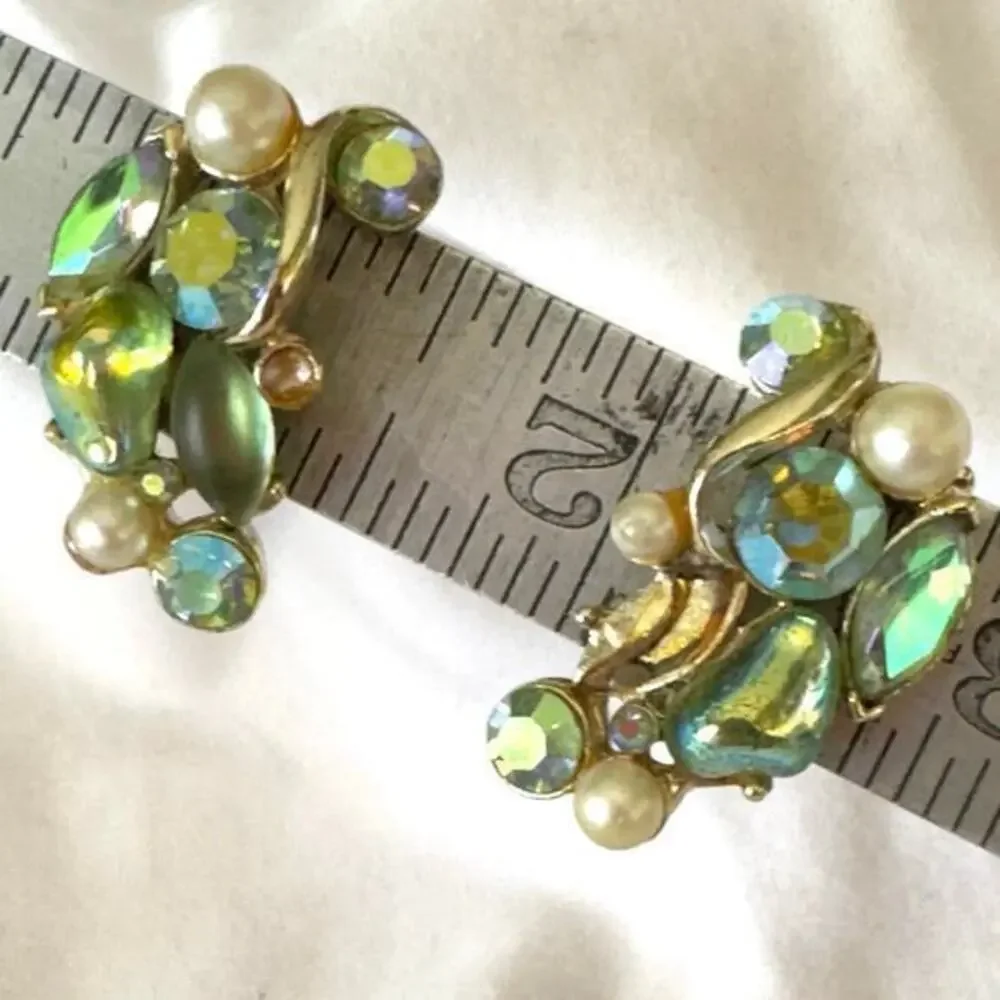 Vintage Kramer Green Aurora Borealis Rhinestone Clip Earrings Signed 1950s READ